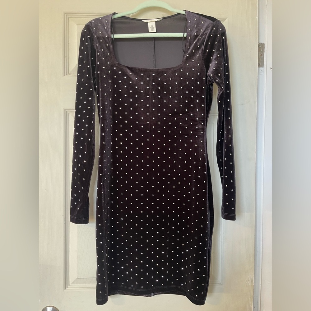 H&M Black Velvet Long-Sleeve Studded Bodycon Dress